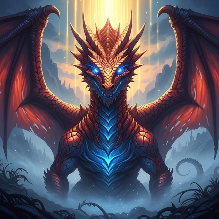 Flamboyantly Detailed Dragon Artwork with Ruby Red and Sapphire Blue Hues