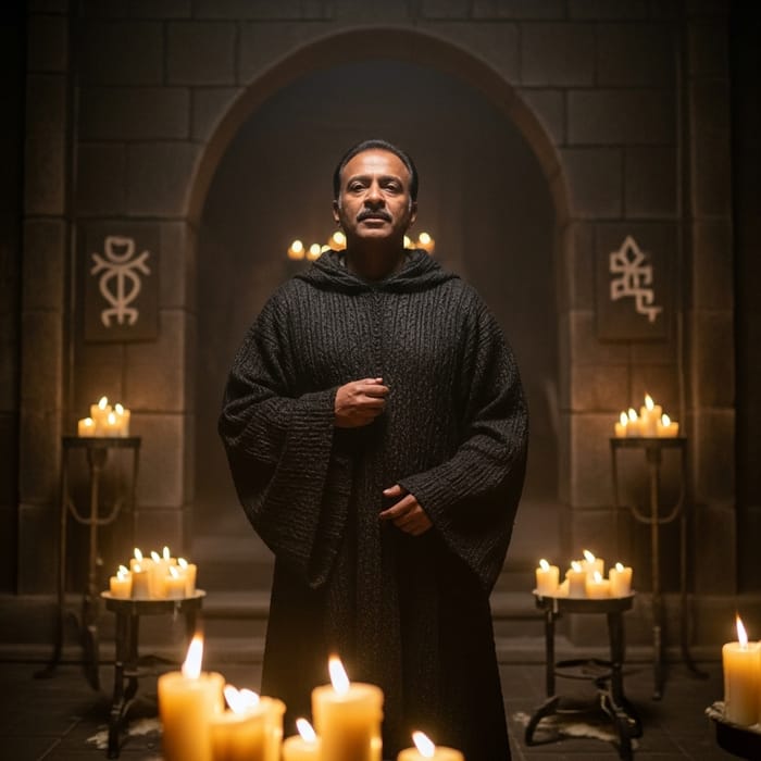 Mysterious Black Cultist in Shadowy Chamber | Secrets Revealed