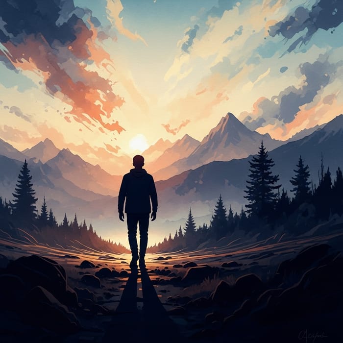 Silhouette Walking Towards Majestic Mountain Range | Nature-Inspired Silhouette Walking Towards Majestic Mountain Range | Nature-Inspired