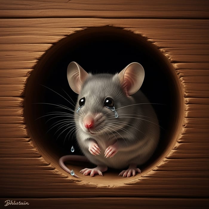 Professional Gray Mouse in Cozy Wooden Burrow Shedding Tears - Hyperrealism Professional Gray Mouse in Cozy Wooden Burrow Shedding Tears - Hyperrealism