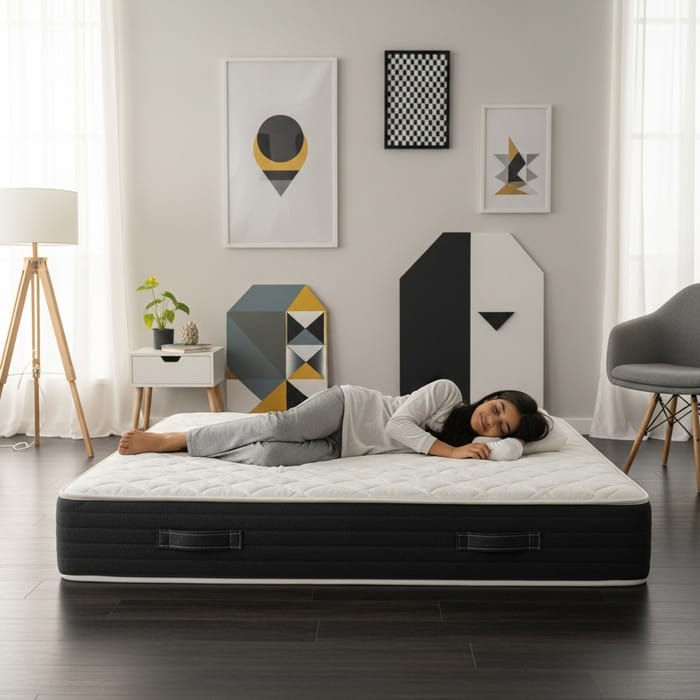 Modern Interior Mattress: Serene Girl Enjoying Comfortable Rest Modern Interior Mattress: Serene Girl Enjoying Comfortable Rest