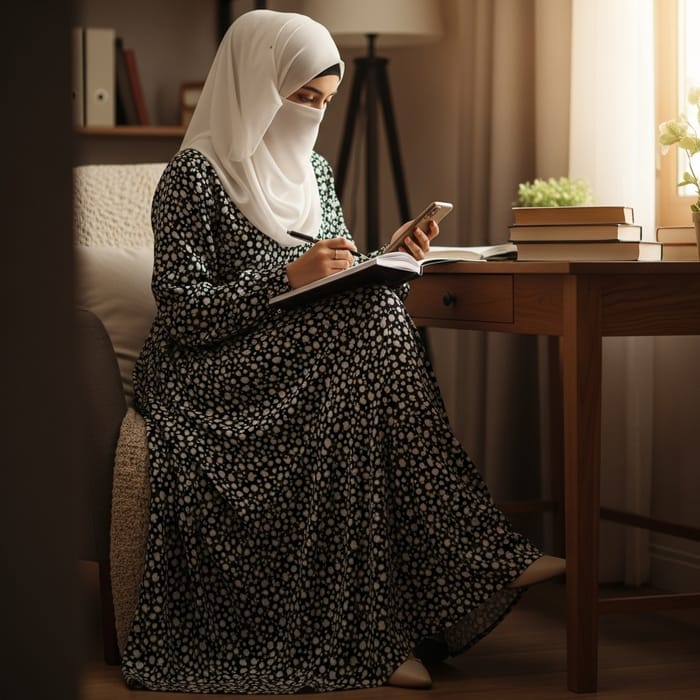 Muslim Freelancer in Long Black and White Dress with Head Covered Muslim Freelancer in Long Black and White Dress with Head Covered