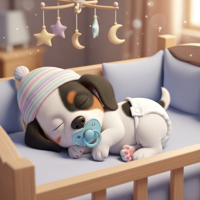 Newborn Puppy Snoopy Sleeping in Crib with Pacifier Newborn Puppy Snoopy Sleeping in Crib with Pacifier