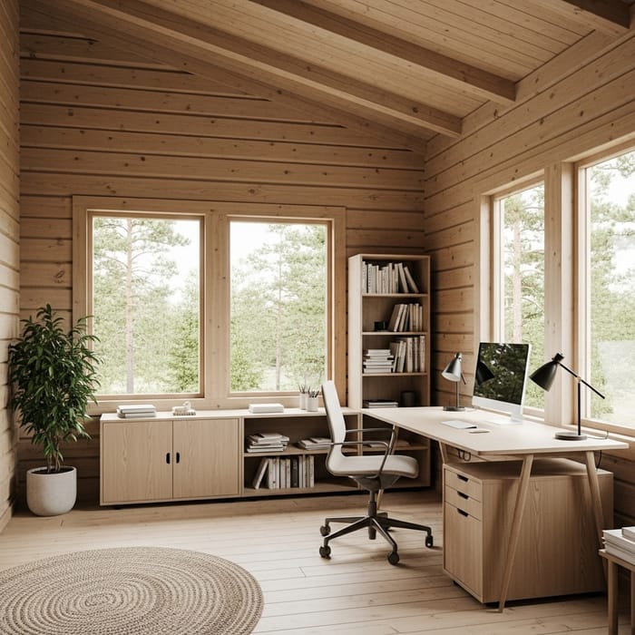 Minimal Scandinavian Cabin Office with Natural Vibe Minimal Scandinavian Cabin Office with Natural Vibe