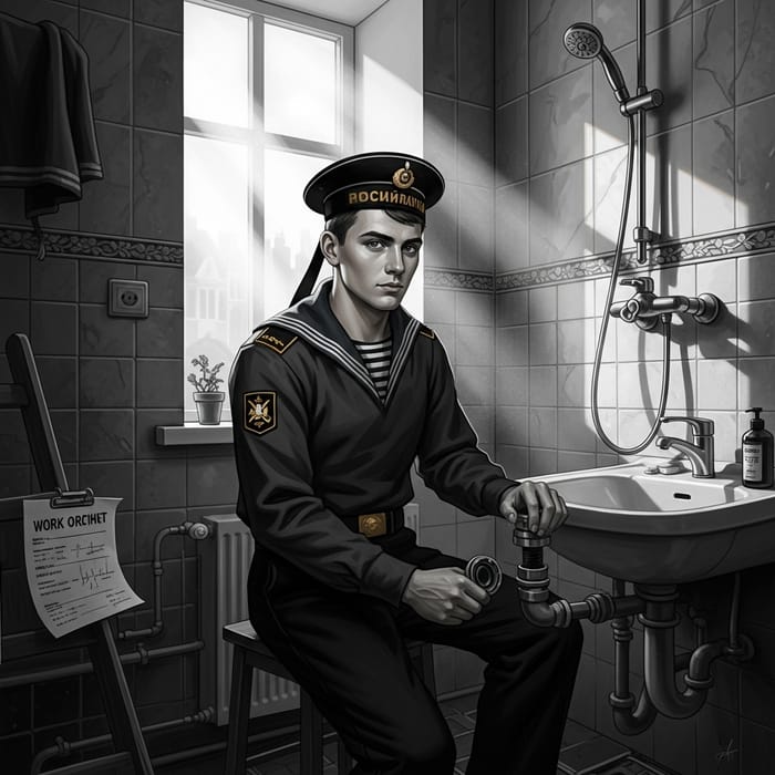 Vintage Russian Sailor in Modern Renovation: Chiaroscuro Artwork with Intricate Details
