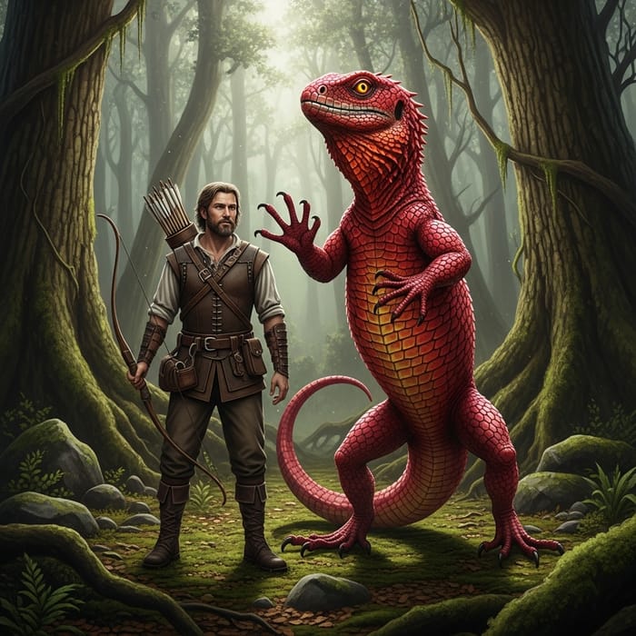Hunter with Human-Sized Red Lizard - Captivating Image Hunter with Human-Sized Red Lizard - Captivating Image