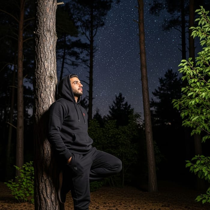 Tranquil Man in Midnight Forest Star Gazing
