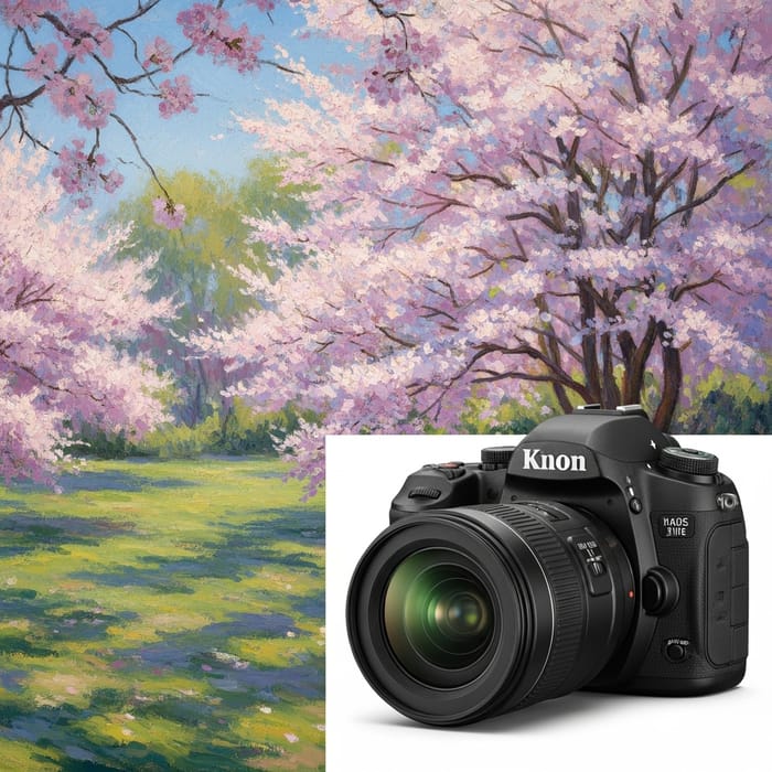 Serene Garden with Cherry Blossoms - Impressionist Art in Monet Style