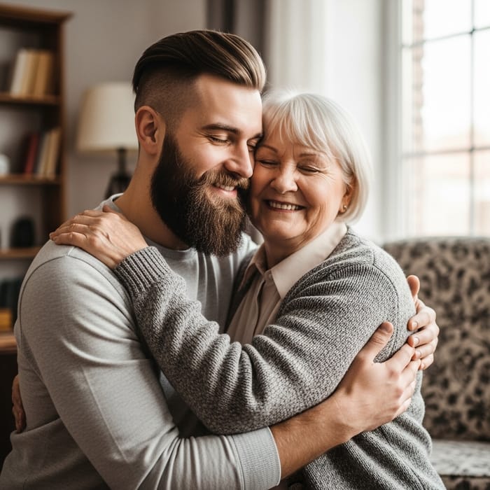 Mid Twenties Man Hugging Grandma - Heartwarming Family Moment