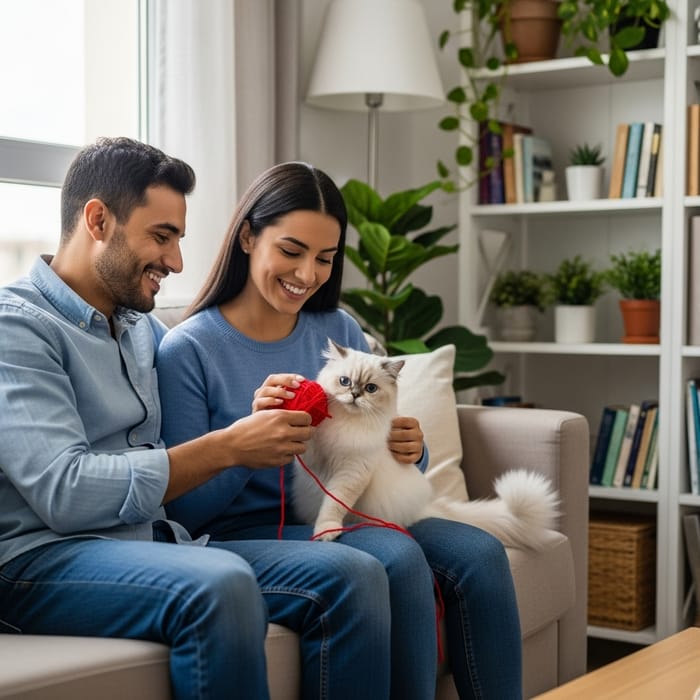 A Multicultural Couple with a Persian Cat in a Cozy Living Room
