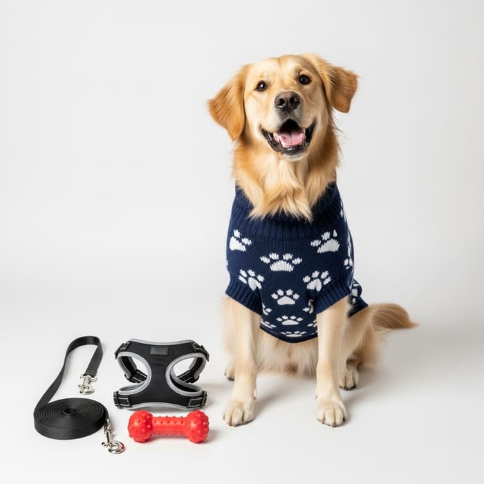 Happy Dog in Sweater | Leash, Harness & Toy | Joyful Pet Scene Happy Dog in Sweater | Leash, Harness & Toy | Joyful Pet Scene