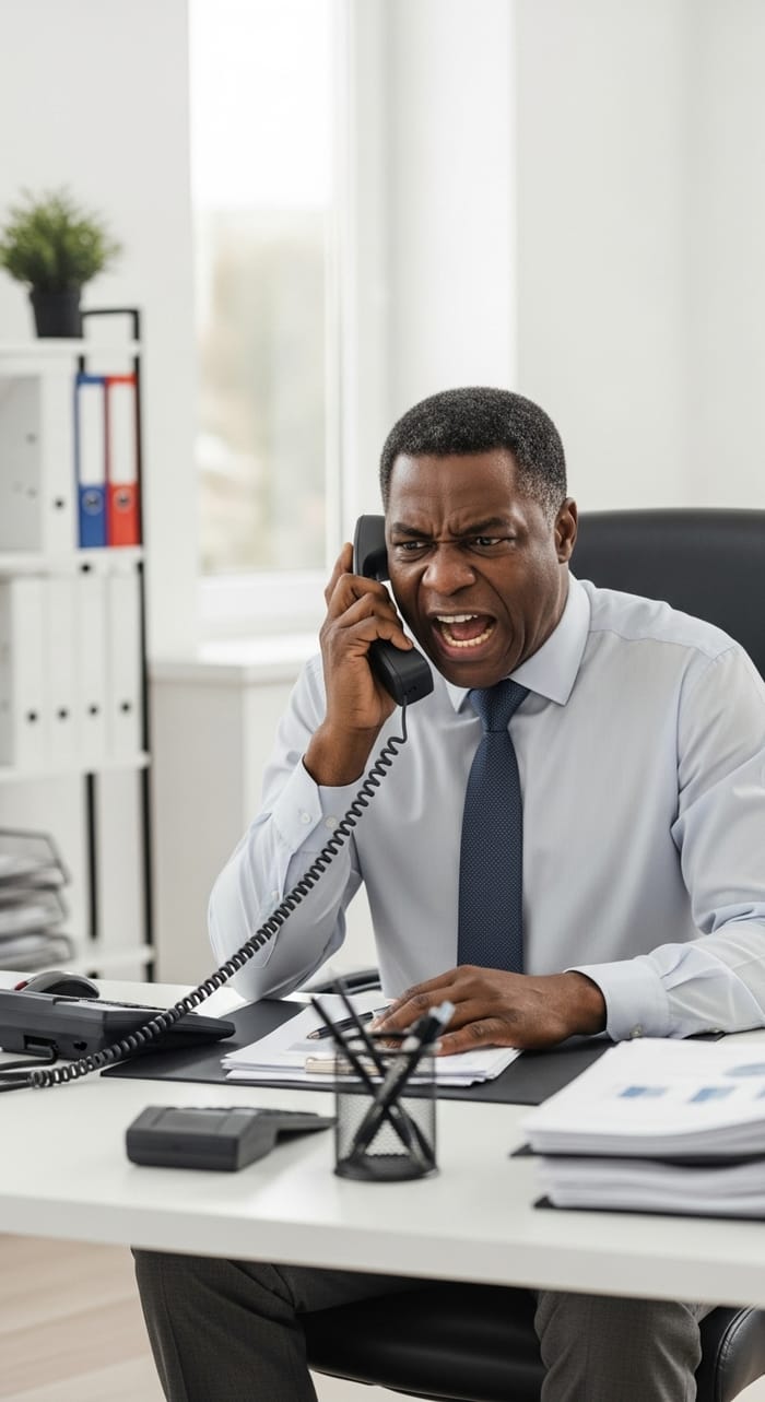 Furious Black Man Yelling into Phone at Modern Office Desk