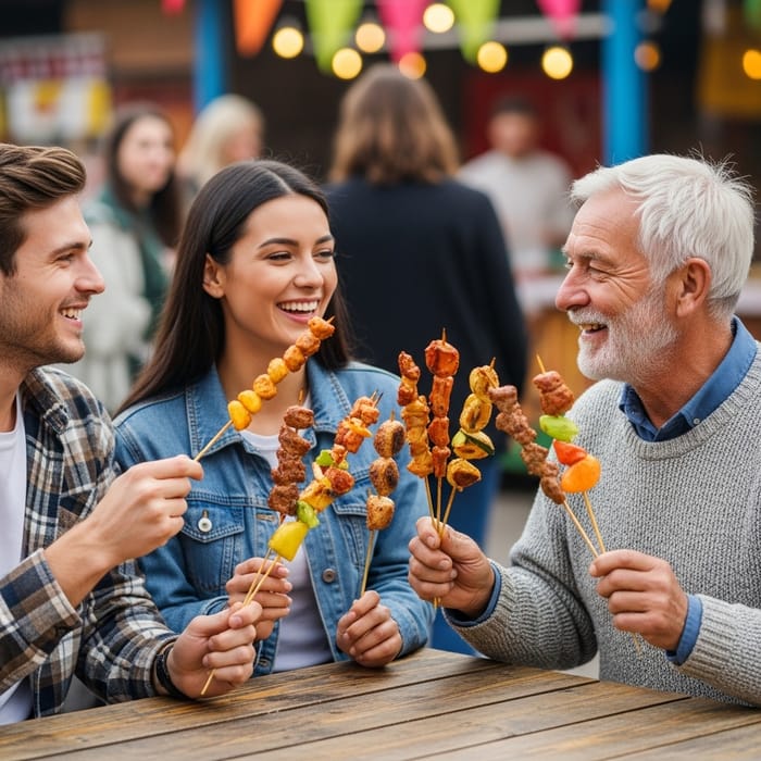 Young and Old Friends Enjoy Skewer Meal | Bonding