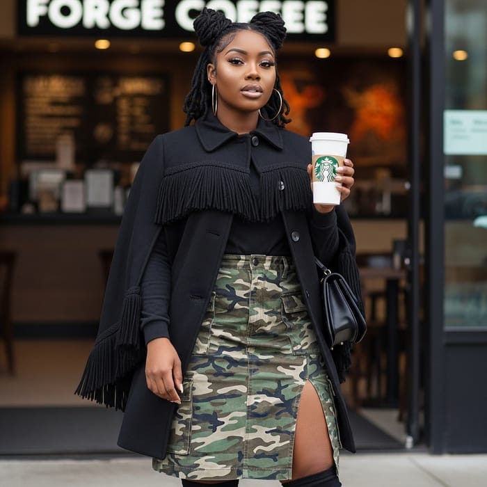 Stylish Blasian Woman in Black Tassel Cape Coat at Starbucks