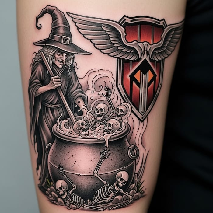 Intriguing Witch Tattoo Design | Harley Shield Skeleton Pot