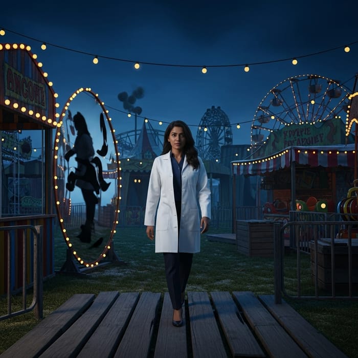 Eerie Dark Carnival: South Asian Woman in Lab Coat Explores Mysterious Carnival