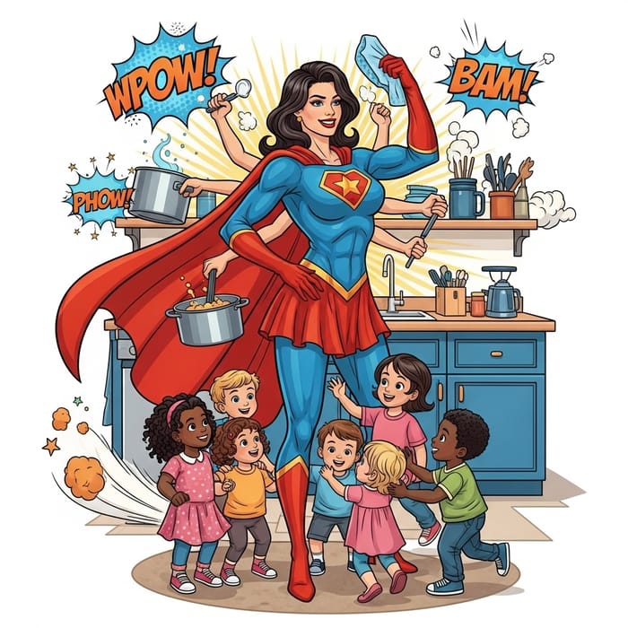 Dynamic Super Mom: Household Superheroine Multitasking Icon