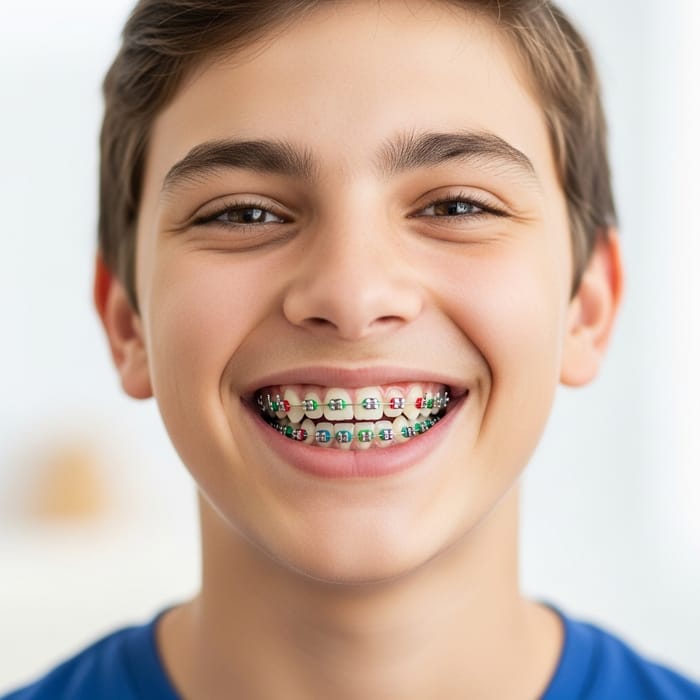 Colorful Braces: Cheerful Individual with Bright Orthodontic Brackets Colorful Braces: Cheerful Individual with Bright Orthodontic Brackets
