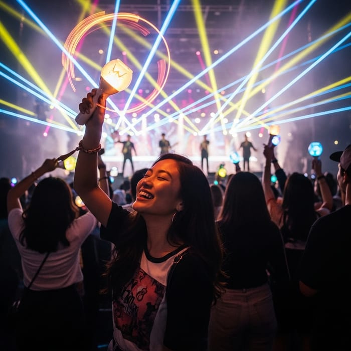 Energetic Woman Enjoying KPOP Concert with Lightstick Fun Energetic Woman Enjoying KPOP Concert with Lightstick Fun