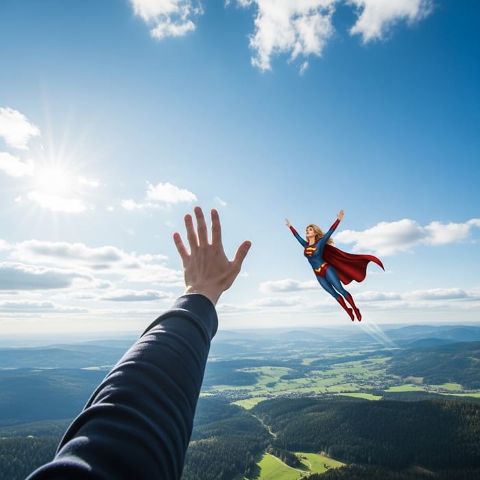 Enchanting Landscape with Female Superhero in Sky Enchanting Landscape with Female Superhero in Sky