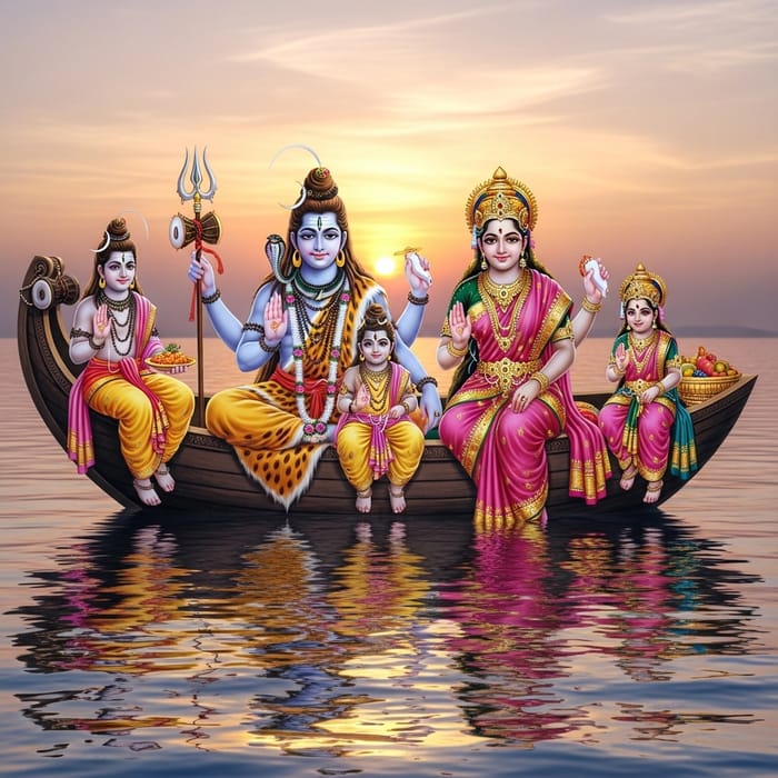 Hindu Deities Shiva, Parvathi & Kids on Boat with Sun & Water