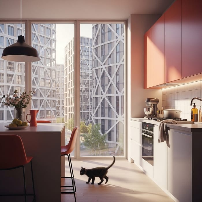 Playful Black Kitten in Vibrant Modern Kitchen Playful Black Kitten in Vibrant Modern Kitchen
