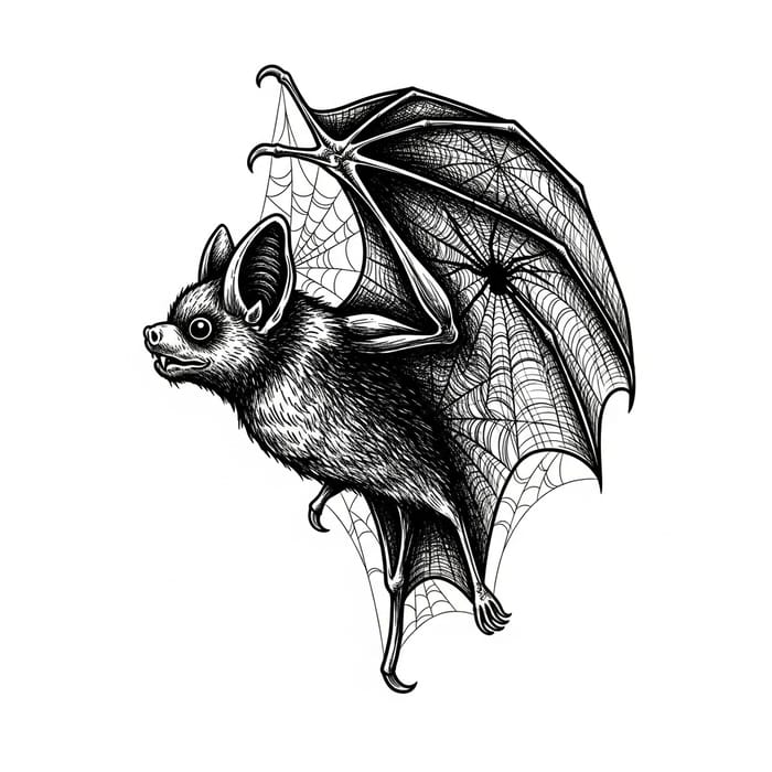 Eerie Black & White Bat with Spider Web Wings