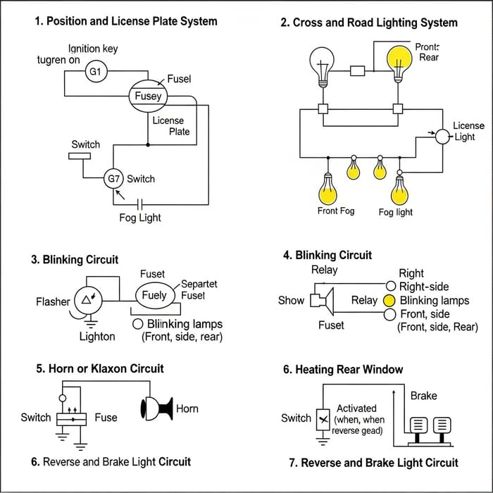 Automobile Circuits Bifilar Schematic: Lighting, Horn, Heating Window, Blinkers, Reverse Lights Automobile Circuits Bifilar Schematic: Lighting, Horn, Heating Window, Blinkers, Reverse Lights