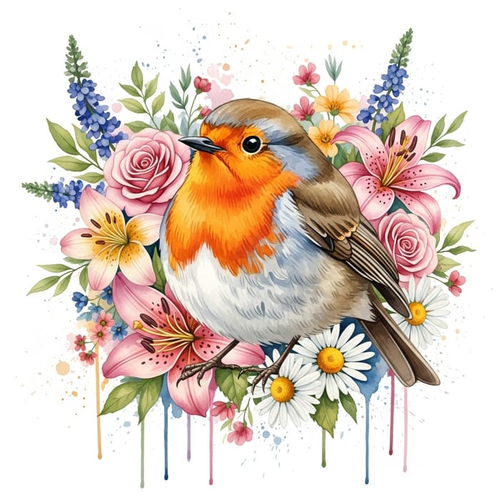 Chubby Robin Perched Amongst Vibrant Watercolor Flowers Chubby Robin Perched Amongst Vibrant Watercolor Flowers