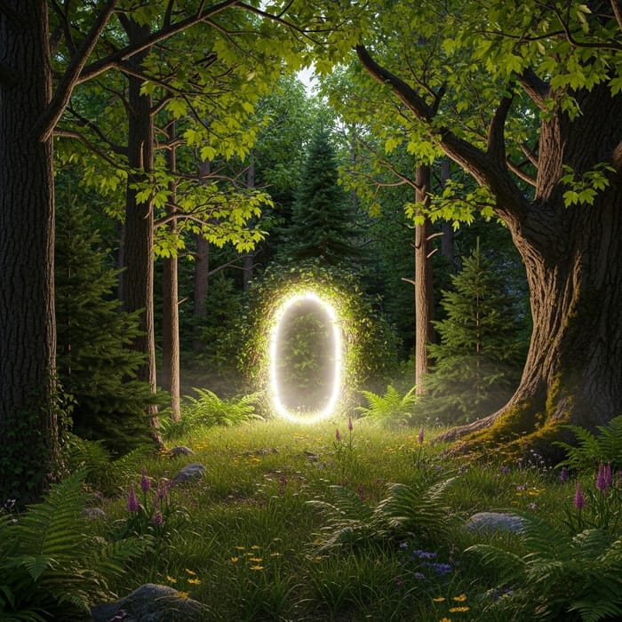 Mystical Forest Scene with Glowing Gateway