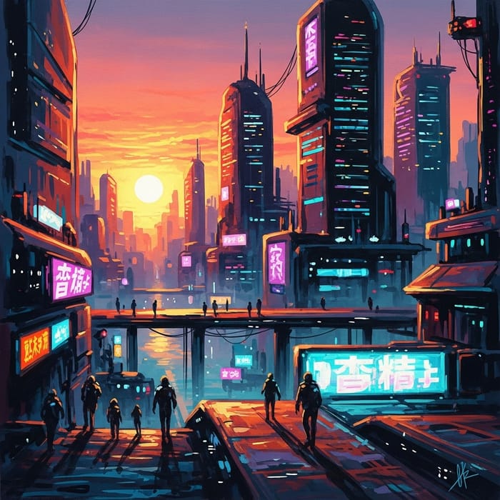 Neon Cyberpunk Cityscape Painting at Sunset Neon Cyberpunk Cityscape Painting at Sunset
