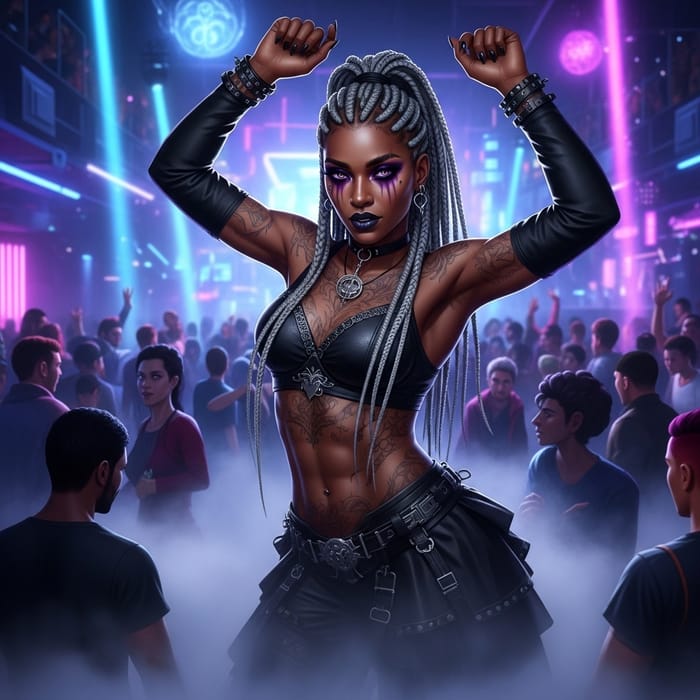 Futuristic Gothic Black Woman with Wild Style in Neon Nightclub Futuristic Gothic Black Woman with Wild Style in Neon Nightclub