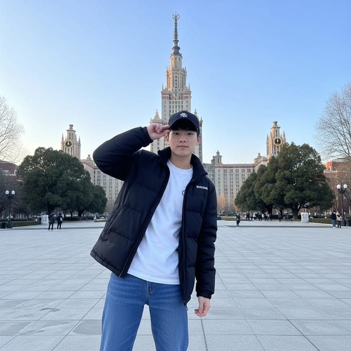 Stylish Winter Outfit: Confident Young Man at KBTU University Stylish Winter Outfit: Confident Young Man at KBTU University