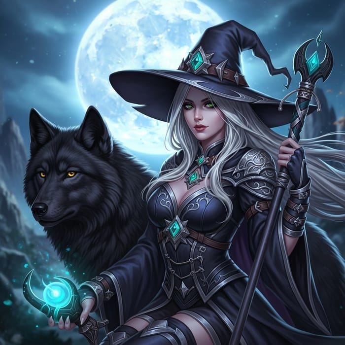 Enchanting Witch with White Hair & Black Wolf in Moonlight