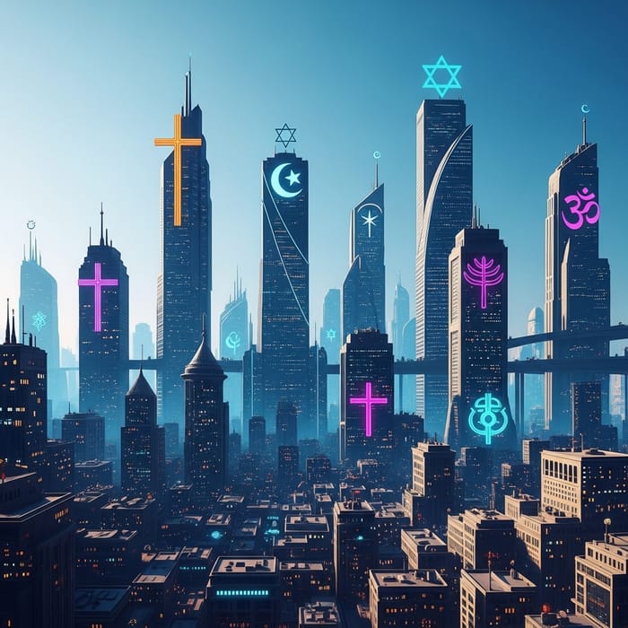 Futuristic City with Diverse Religious Symbols Futuristic City with Diverse Religious Symbols