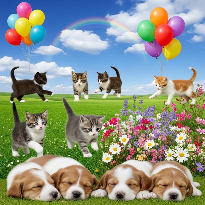Cute Kittens & Puppies with Balloons & Flowers - Adorable Image
