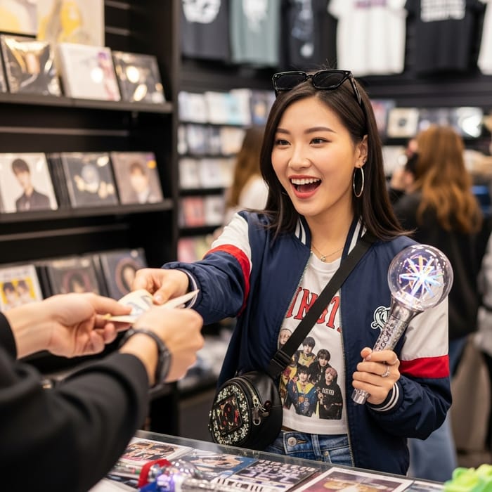Happy Korean College Student Shopping for Kpop Lightstick Happy Korean College Student Shopping for Kpop Lightstick