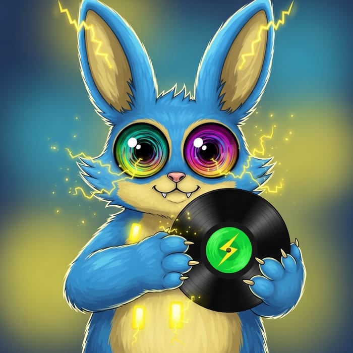 Psychedelic Cartoon Pikachu Holding Vinyl Record