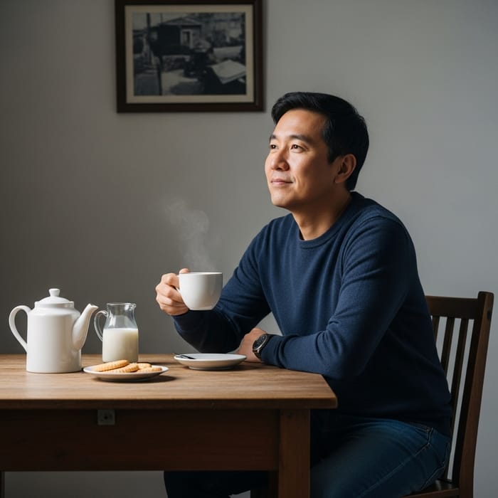 Calm Asian Man Enjoying a Cup of Tea | Relaxation Time at Home