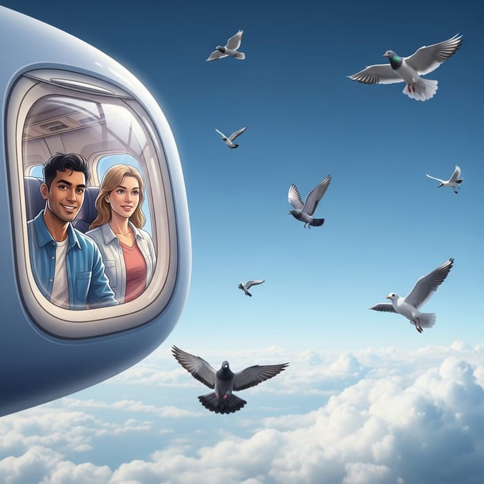 Couple in Airplane with Flying Birds: Serene Journey Scene
