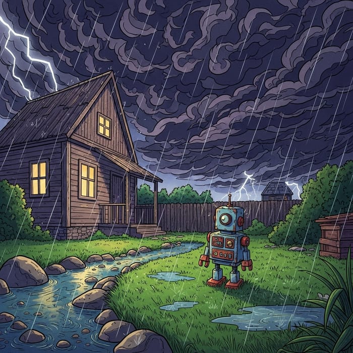 Comic Style Wooden House and Toy Robot by the Stream in a Storm