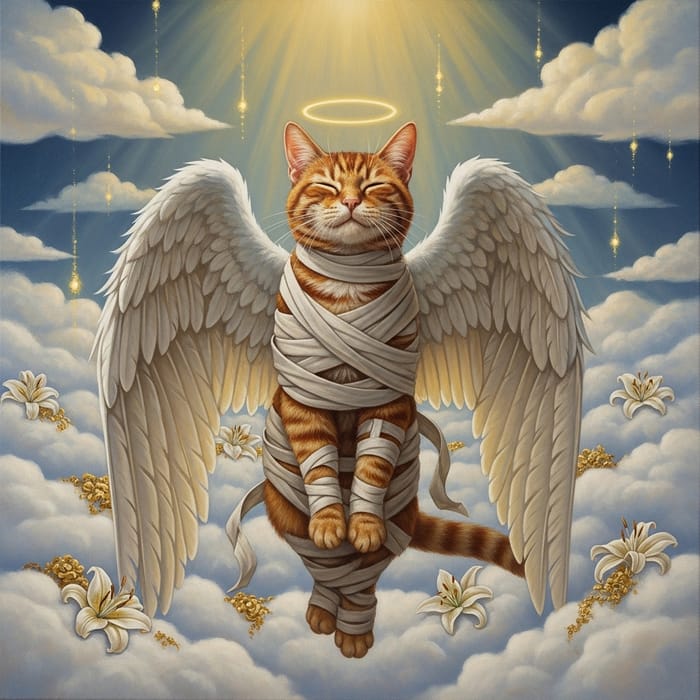 Realistic Red Cat with Angel Wings Ascends to Saintliness in Clouds