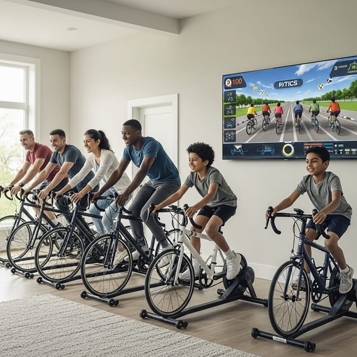 Home-Based Family Bike Racing on Digital Screen - Exciting Competition