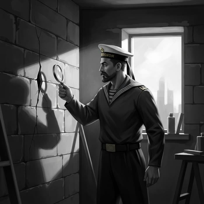 Vintage Russian Sailor Builder Inspecting Wall: Intricate Details and Chiaroscuro Lighting Vintage Russian Sailor Builder Inspecting Wall: Intricate Details and Chiaroscuro Lighting