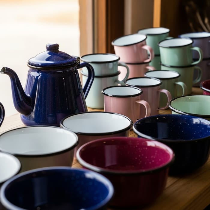 Elegant Enamel Decor: Teapots, Cups & Bowls Collection Elegant Enamel Decor: Teapots, Cups & Bowls Collection