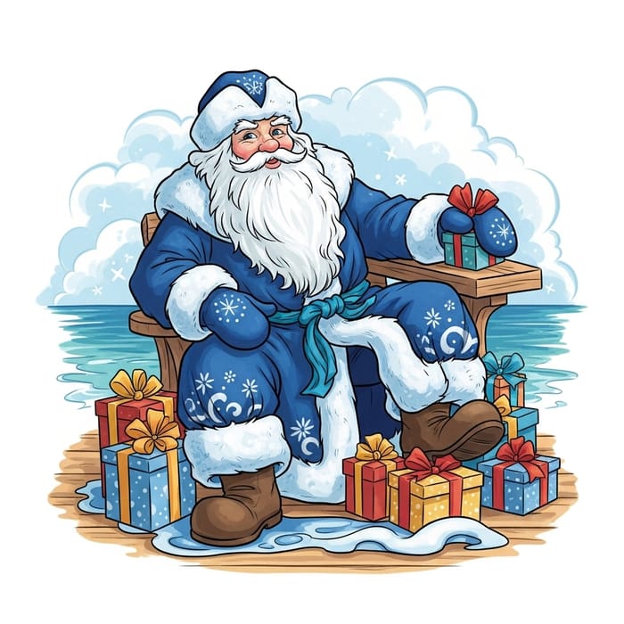 Stylish Ded Moroz Resting at Sea with Gifts: Festive Holiday Scene Stylish Ded Moroz Resting at Sea with Gifts: Festive Holiday Scene