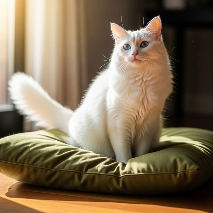White Cat with Stunning Blue Eyes on Cozy Green Pillow