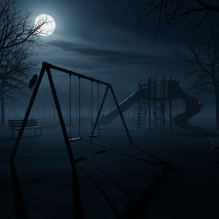 Dark Playground: Creepy Scene with Moonlight, Swings, and Slide