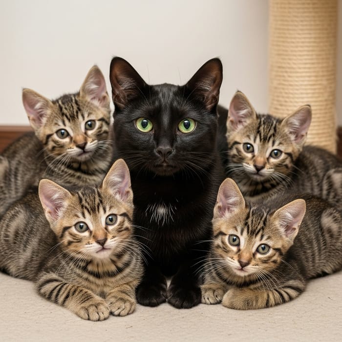 Cute Cat Family: Black Cat and Four Brown Stripey Kittens Cute Cat Family: Black Cat and Four Brown Stripey Kittens