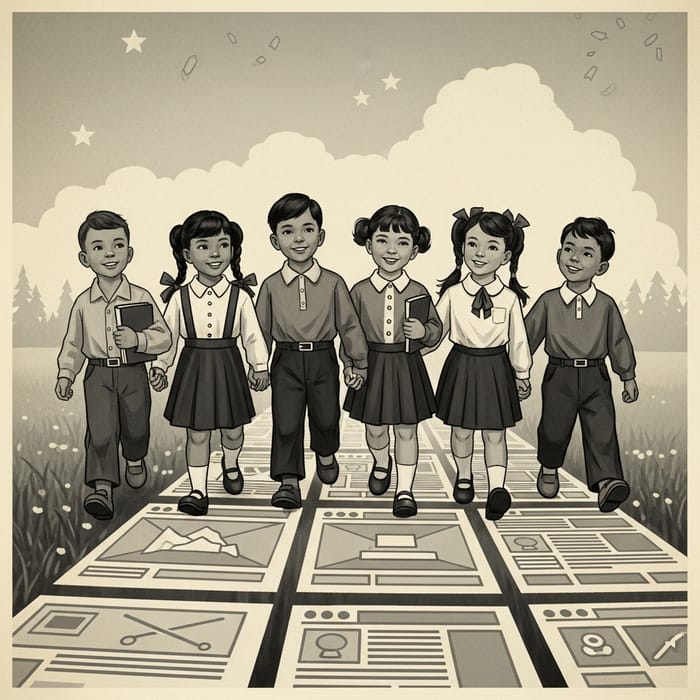 Soviet-era Children on Path of Knowledge with Vintage Twist Soviet-era Children on Path of Knowledge with Vintage Twist